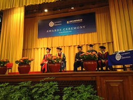 Guests on stage (left one: Prof. Chan Wing Wah, HKU SPACE; left two: Prof. David J. Maguire, Vice-Chancellor of the University of Greenwich) (2016)